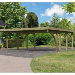 Carport Double En Bois Autoclave 40,2m² Avec Poteau En Arc Et Toit En PVC Gris – KARIBU