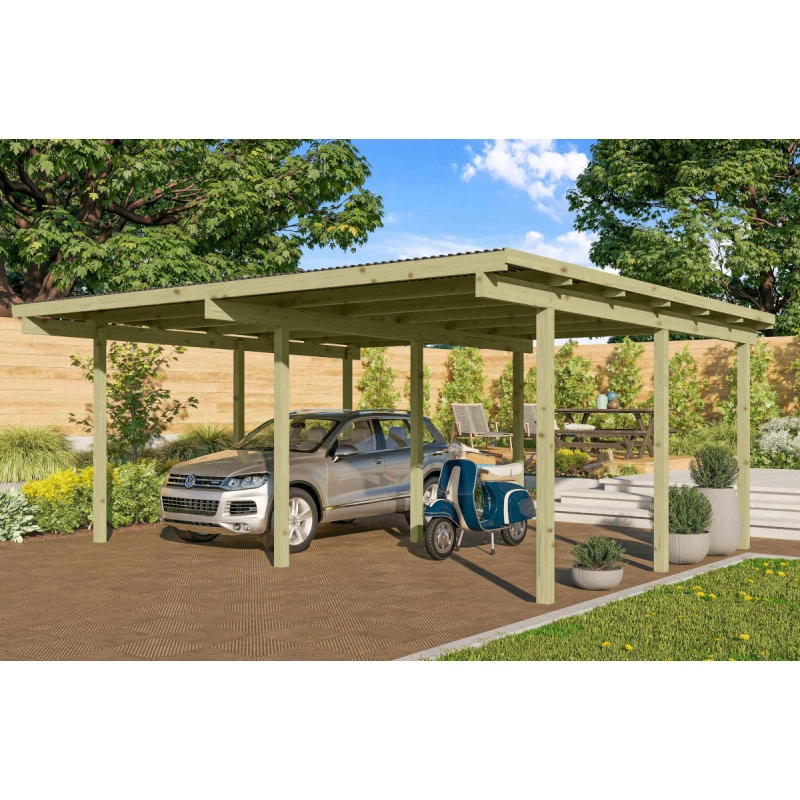 Carport Double En Pin Autoclave Avec Toit PVC 27,58m² - Karibu