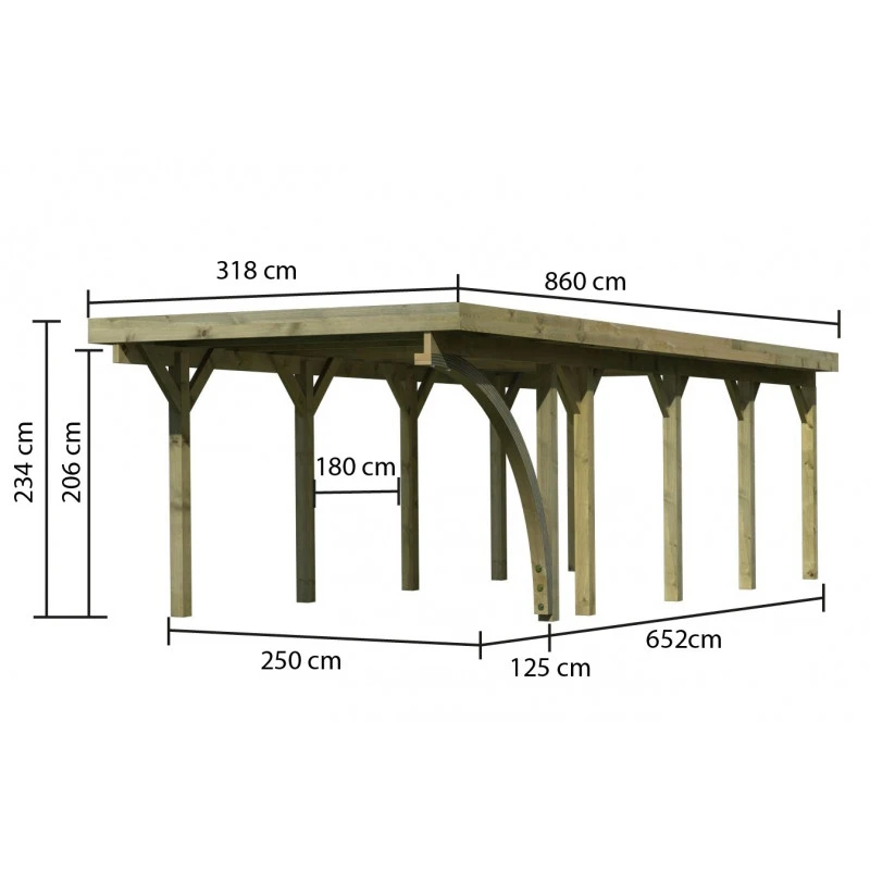 Carport En Bois Autoclave 26,9m² Avec Poteau En Arc Et Toit En Acier – KARIBU – Image 2