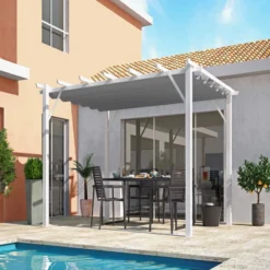 Pergola 100% Aluminium Coloris Blanc 12m² Avec Toile D'ombrage Gris 140gr/m² HABRITA
