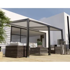 Pergola Adossée Toit Incliné Bioclimatique 300x400cm Lames 13cm - Gris - MELBOURNE - Couleurs Du Monde