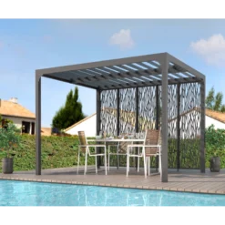 Pergola Bioclimatique Aluminium Anthracite 10,80m² Toit Avec Lames Ovales + 5 Panneaux Moucharabieh Gris Pour Côté 3,60m HABRITA
