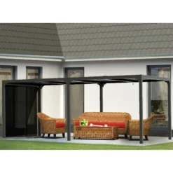 Pergola Bioclimatique Aluminium Anthracite 21,52mÂČ + Toit Avec Lames Ovales + 1 Rideau Pour CĂŽtĂ© 3,60m HABRITA